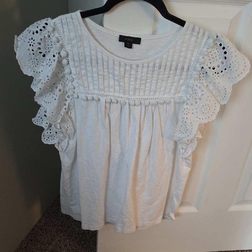 J. Crew White Ruffled Flutter Sleeve Blouse